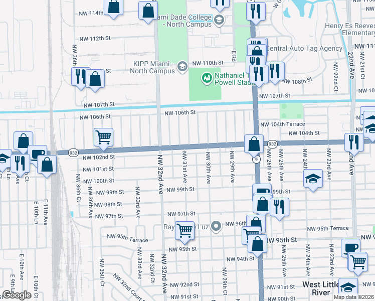 map of restaurants, bars, coffee shops, grocery stores, and more near 3087 Northwest 102nd Street in Miami