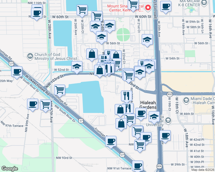 map of restaurants, bars, coffee shops, grocery stores, and more near 208 Royal Palm Road in Hialeah Gardens
