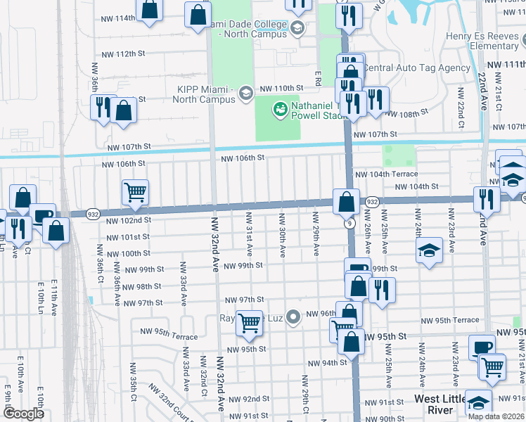 map of restaurants, bars, coffee shops, grocery stores, and more near 3087 Northwest 102nd Street in Miami