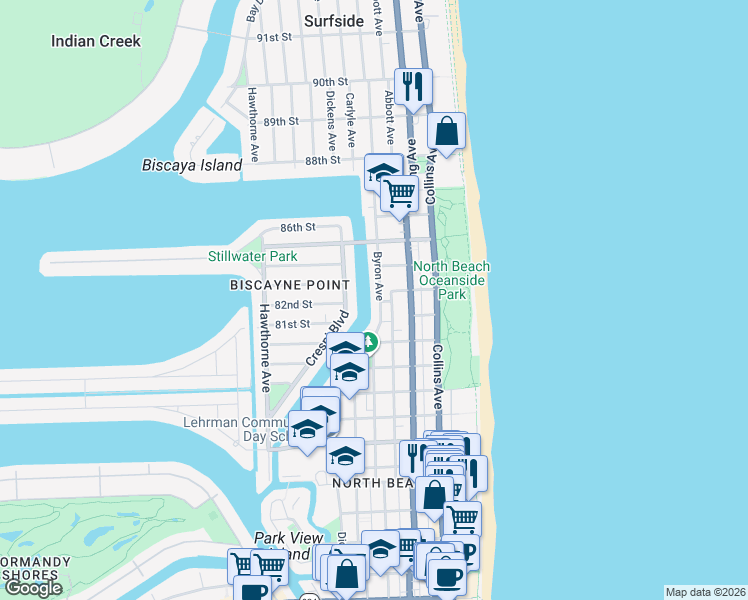 map of restaurants, bars, coffee shops, grocery stores, and more near 8250 Byron Avenue in Miami Beach