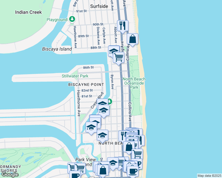 map of restaurants, bars, coffee shops, grocery stores, and more near 8240 Byron Avenue in Miami Beach