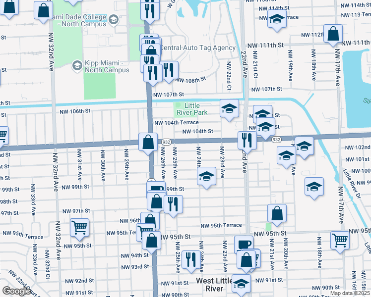 map of restaurants, bars, coffee shops, grocery stores, and more near 2455 Northwest 102nd Street in Miami
