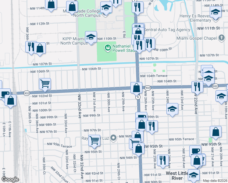 map of restaurants, bars, coffee shops, grocery stores, and more near 10155 Northwest 29th Court in Miami