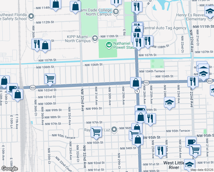 map of restaurants, bars, coffee shops, grocery stores, and more near 3021 Northwest 102nd Street in Miami