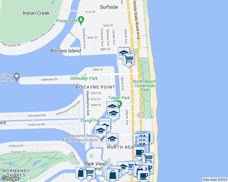 map of restaurants, bars, coffee shops, grocery stores, and more near 626 82nd Street in Miami Beach
