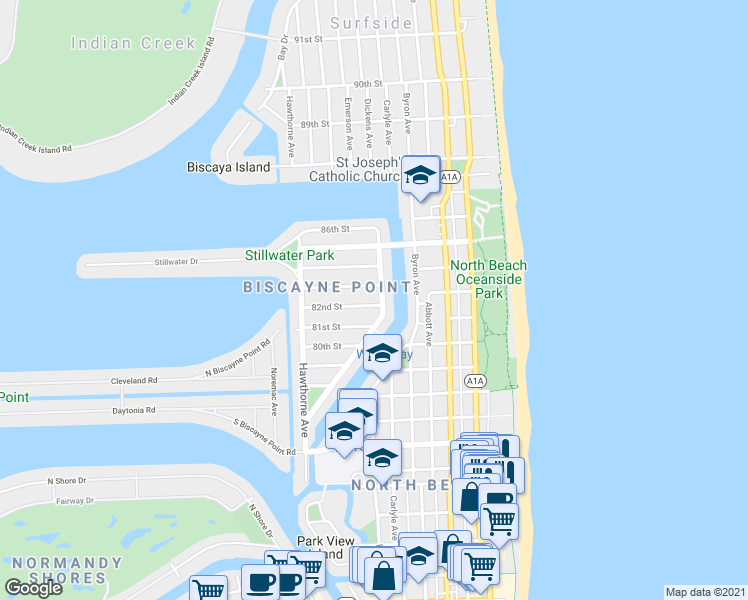 map of restaurants, bars, coffee shops, grocery stores, and more near 626 82nd Street in Miami Beach