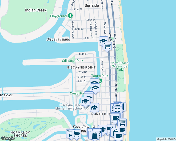 map of restaurants, bars, coffee shops, grocery stores, and more near in Miami Beach