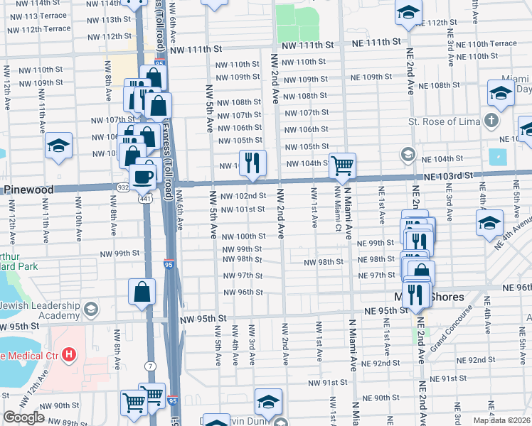 map of restaurants, bars, coffee shops, grocery stores, and more near 10086 Northwest 2nd Avenue in Miami Shores