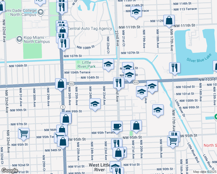map of restaurants, bars, coffee shops, grocery stores, and more near 2238 Northwest 102nd Street in Miami