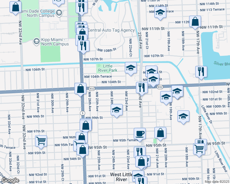map of restaurants, bars, coffee shops, grocery stores, and more near 2382 Northwest 102nd Street in Miami