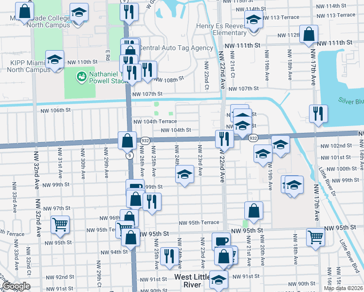 map of restaurants, bars, coffee shops, grocery stores, and more near 2382 Northwest 102nd Street in Miami