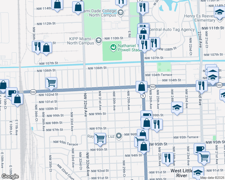 map of restaurants, bars, coffee shops, grocery stores, and more near 3021 Northwest 102nd Street in Miami