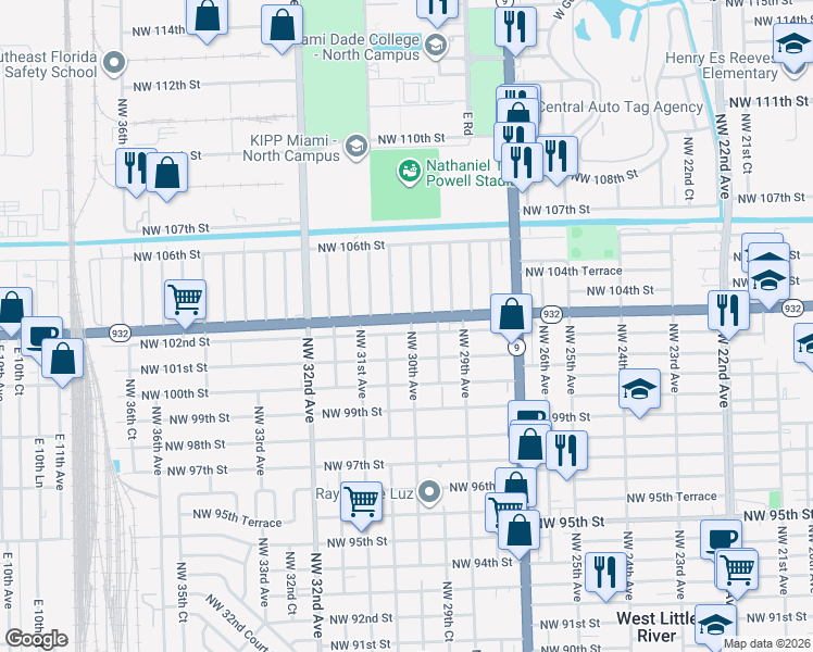 map of restaurants, bars, coffee shops, grocery stores, and more near 3021 Northwest 102nd Street in Miami