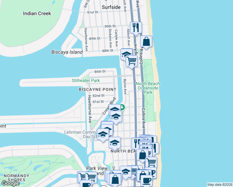 map of restaurants, bars, coffee shops, grocery stores, and more near 8215 Crespi Boulevard in Miami Beach