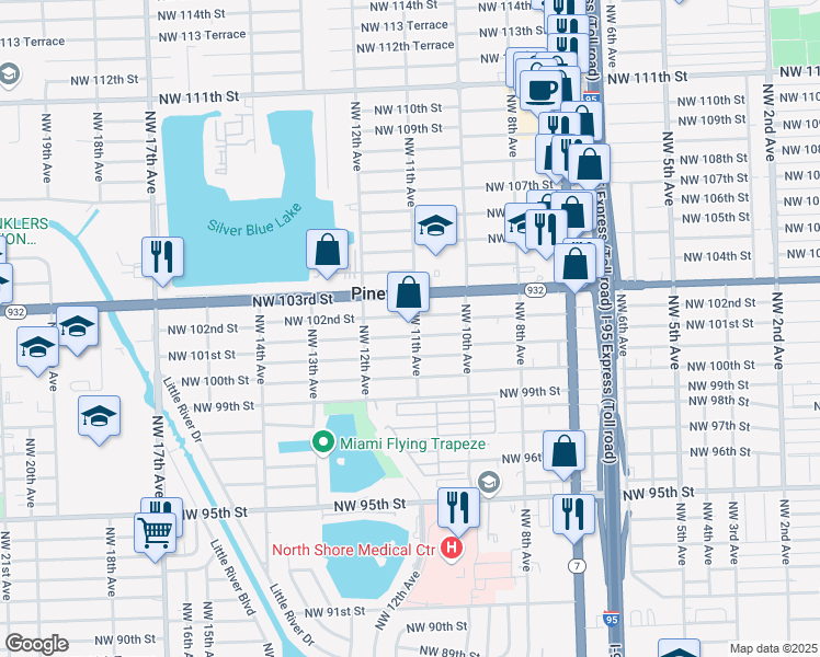 map of restaurants, bars, coffee shops, grocery stores, and more near 1101 Northwest 101st Street in Miami