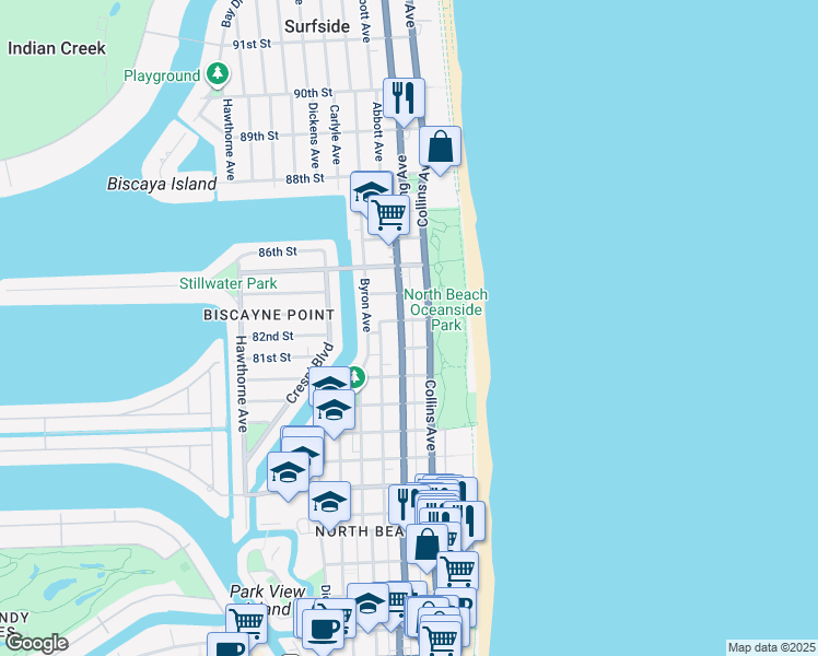 map of restaurants, bars, coffee shops, grocery stores, and more near 8216 Florida A1A in Miami Beach