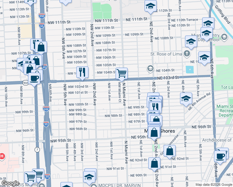 map of restaurants, bars, coffee shops, grocery stores, and more near 39 Northwest 100th Terrace in Miami Shores