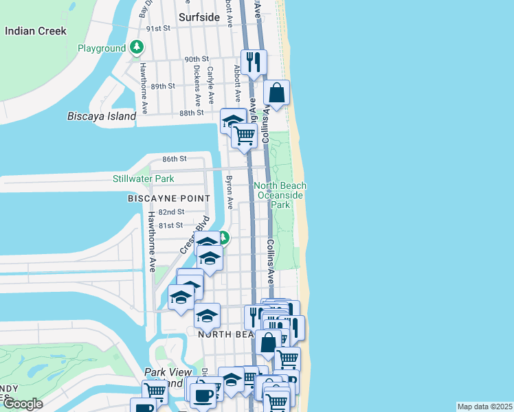 map of restaurants, bars, coffee shops, grocery stores, and more near 8216 Florida A1A in Miami Beach