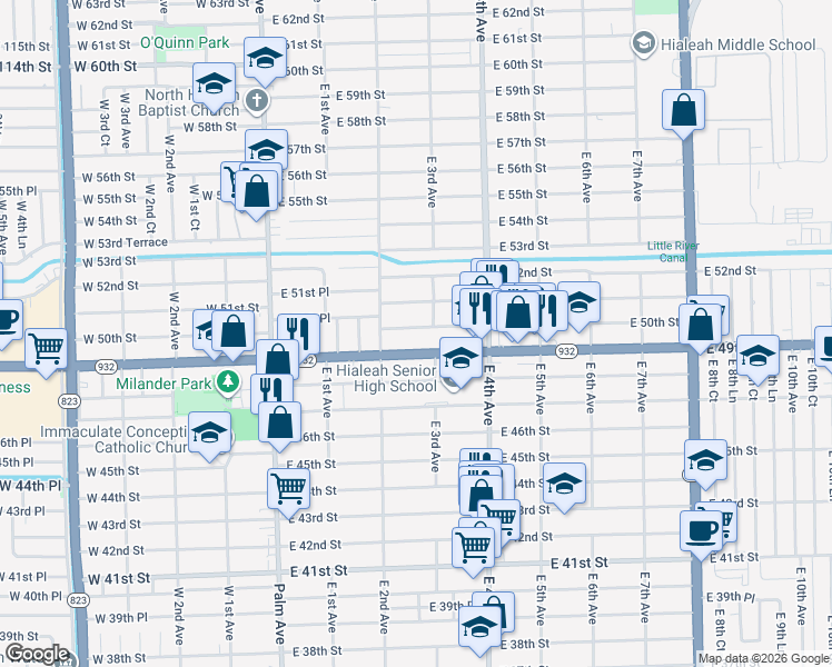 map of restaurants, bars, coffee shops, grocery stores, and more near 279 East 49th Street in Hialeah