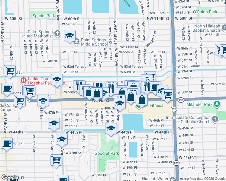 map of restaurants, bars, coffee shops, grocery stores, and more near 821 West 50th Street in Hialeah