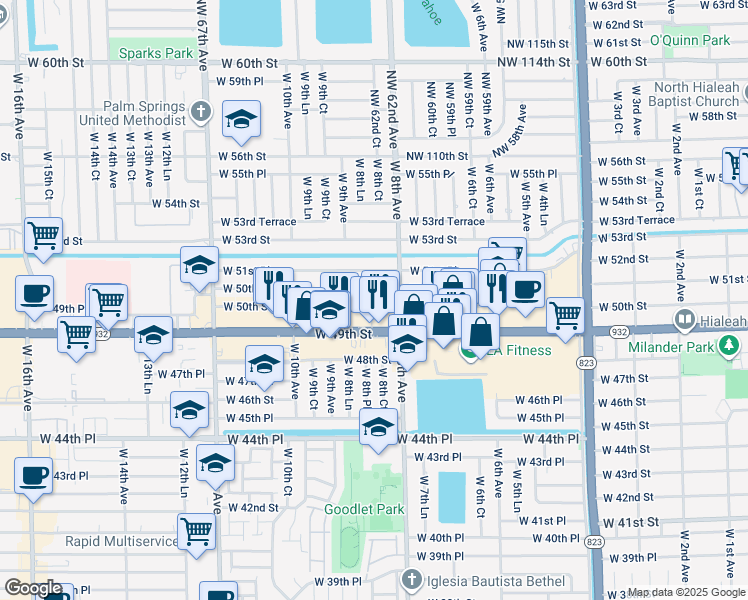 map of restaurants, bars, coffee shops, grocery stores, and more near 821 West 50th Street in Hialeah