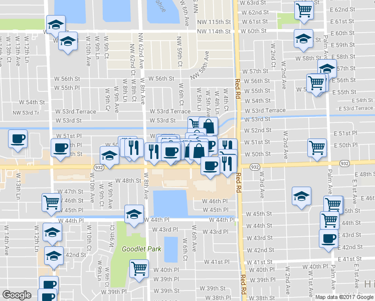 map of restaurants, bars, coffee shops, grocery stores, and more near 611 West 50th Street in Hialeah