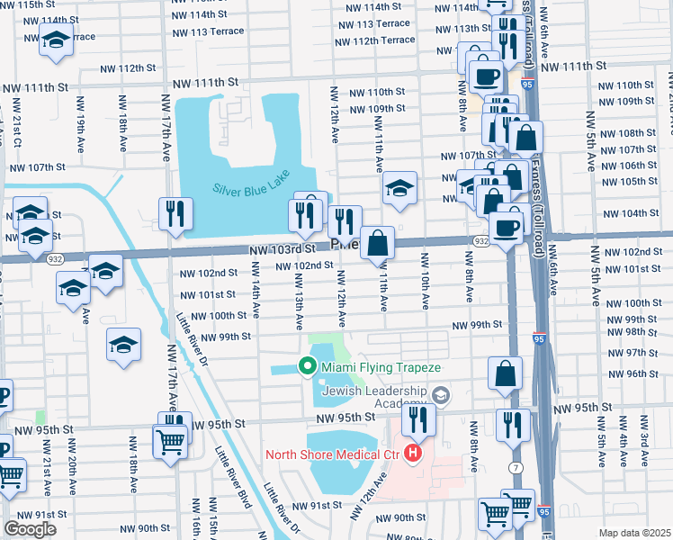 map of restaurants, bars, coffee shops, grocery stores, and more near 1200 Northwest 102nd Street in Miami