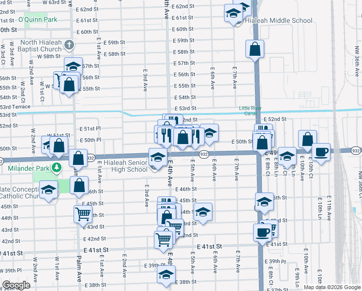 map of restaurants, bars, coffee shops, grocery stores, and more near in Hialeah