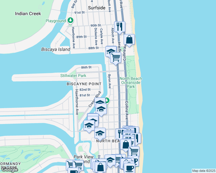 map of restaurants, bars, coffee shops, grocery stores, and more near 8240 Byron Avenue in Miami Beach