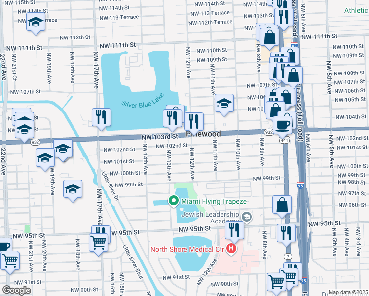 map of restaurants, bars, coffee shops, grocery stores, and more near 1211 Northwest 101st Street in Miami
