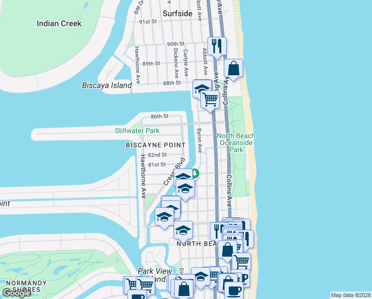 map of restaurants, bars, coffee shops, grocery stores, and more near 626 82nd Street in Miami Beach