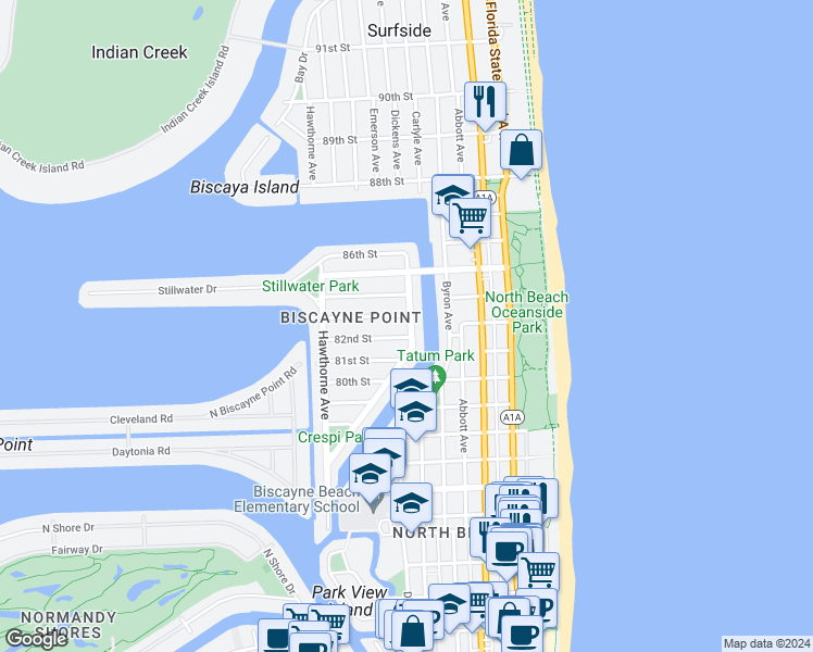 map of restaurants, bars, coffee shops, grocery stores, and more near 626 82nd Street in Miami Beach