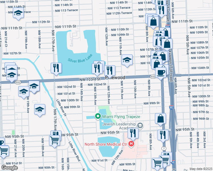 map of restaurants, bars, coffee shops, grocery stores, and more near 1211 Northwest 101st Street in Miami