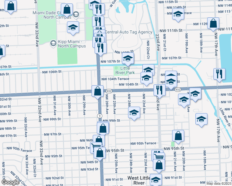 map of restaurants, bars, coffee shops, grocery stores, and more near 2455 Northwest 102nd Street in Miami