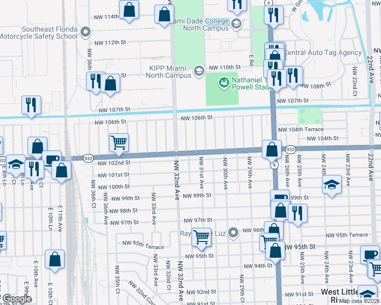 map of restaurants, bars, coffee shops, grocery stores, and more near 3161 Northwest 102nd Street in Miami