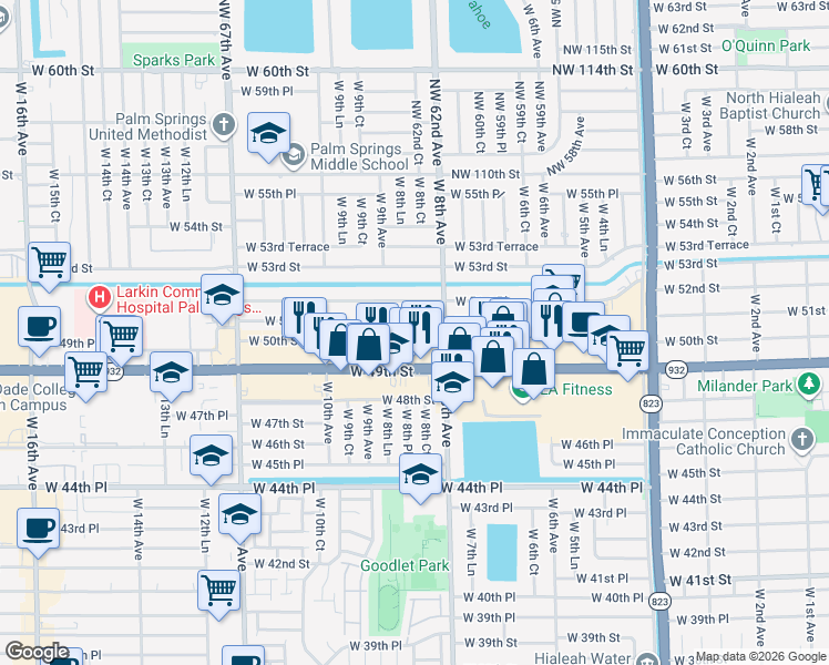 map of restaurants, bars, coffee shops, grocery stores, and more near 821 West 50th Street in Hialeah