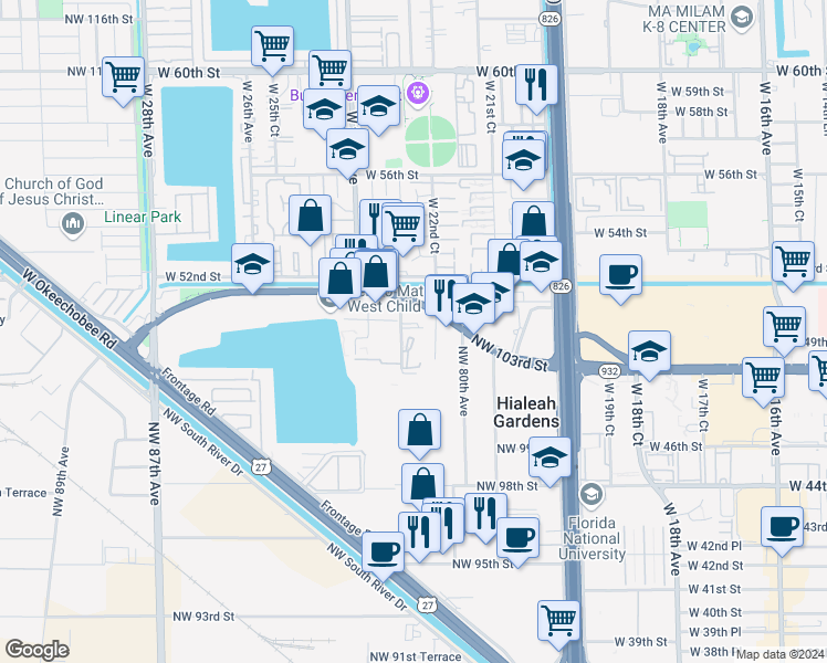 map of restaurants, bars, coffee shops, grocery stores, and more near 316 Northwest 80th Court in Hialeah Gardens