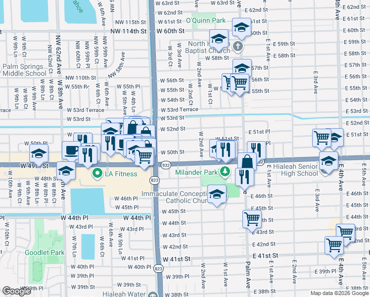 map of restaurants, bars, coffee shops, grocery stores, and more near 248 West 50th Street in Hialeah