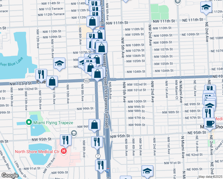 map of restaurants, bars, coffee shops, grocery stores, and more near 595 Northwest 101st Street in Miami
