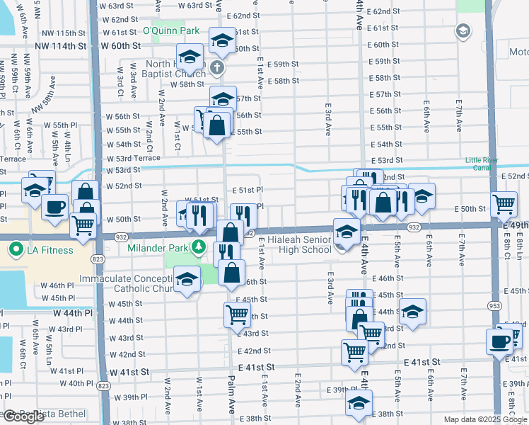 map of restaurants, bars, coffee shops, grocery stores, and more near 4950 East Palm Court in Hialeah