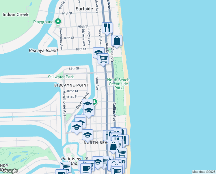 map of restaurants, bars, coffee shops, grocery stores, and more near 8216 Florida A1A in Miami Beach