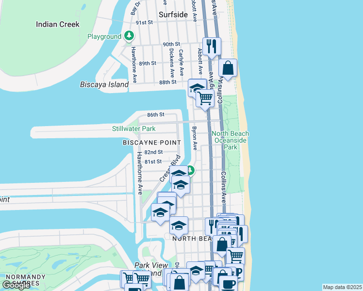 map of restaurants, bars, coffee shops, grocery stores, and more near 626 82nd Street in Miami Beach