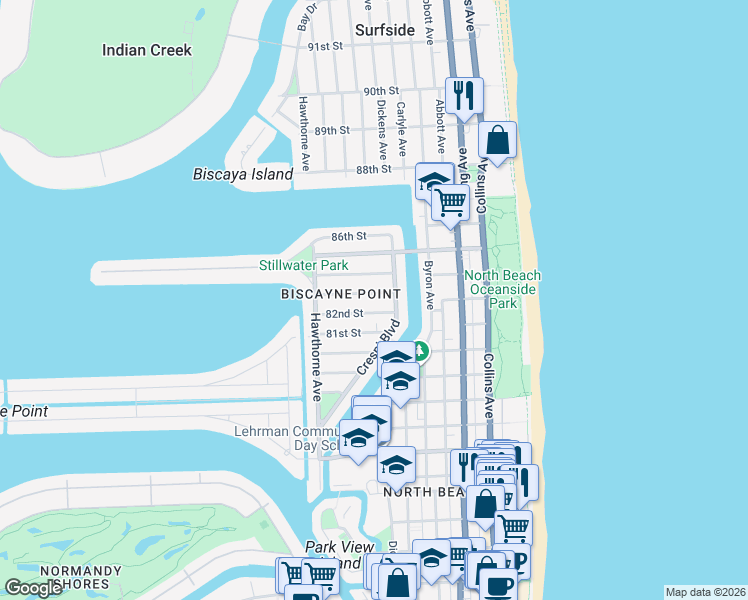 map of restaurants, bars, coffee shops, grocery stores, and more near 626 82nd Street in Miami Beach