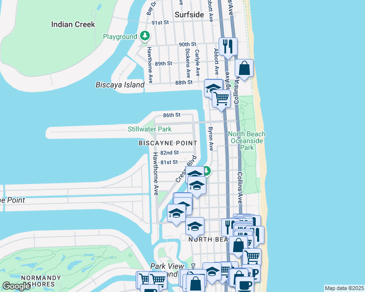 map of restaurants, bars, coffee shops, grocery stores, and more near 626 82nd Street in Miami Beach