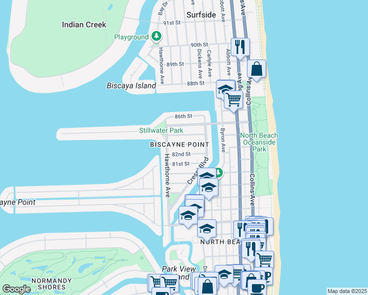 map of restaurants, bars, coffee shops, grocery stores, and more near in Miami Beach