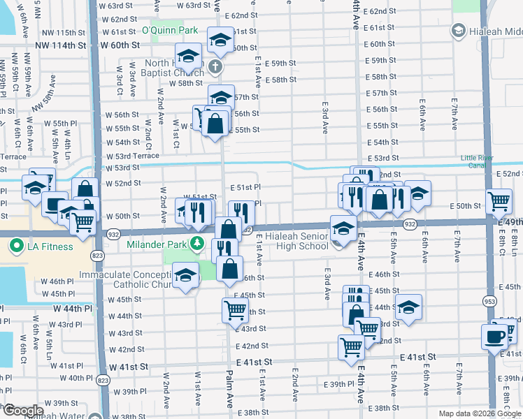 map of restaurants, bars, coffee shops, grocery stores, and more near 4950 East Palm Court in Hialeah