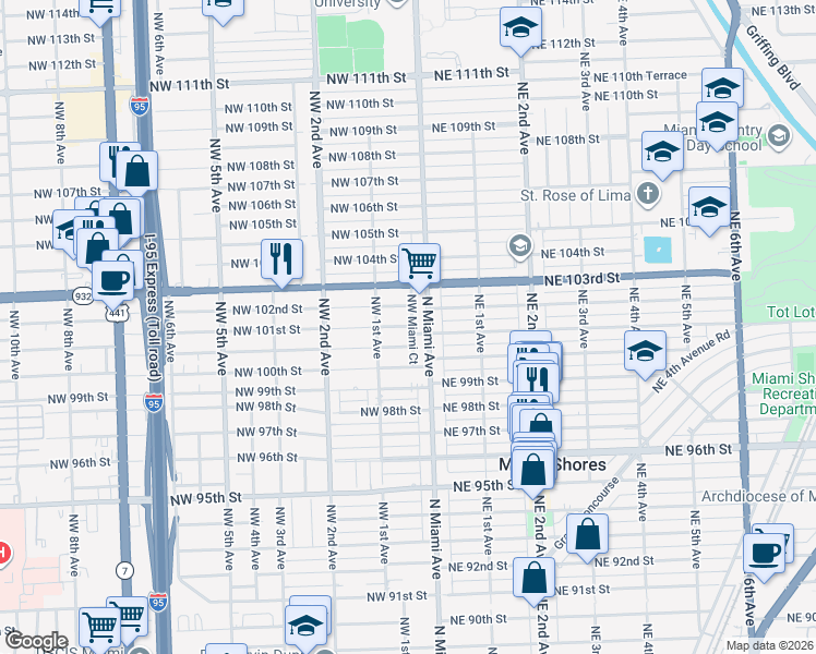 map of restaurants, bars, coffee shops, grocery stores, and more near 39 Northwest 100th Terrace in Miami Shores