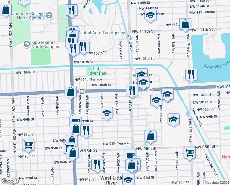 map of restaurants, bars, coffee shops, grocery stores, and more near 2306A Northwest 102nd Street in Miami