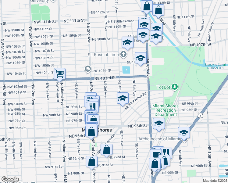 map of restaurants, bars, coffee shops, grocery stores, and more near 379 Northeast 100th Street in Miami Shores