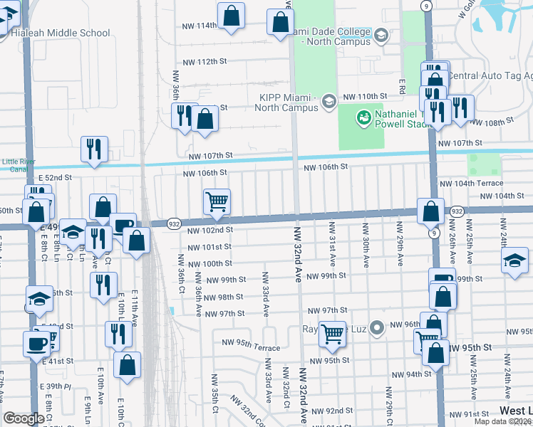map of restaurants, bars, coffee shops, grocery stores, and more near 3301 Northwest 102nd Street in Miami